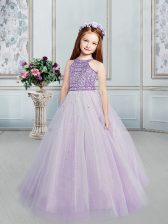  Scoop Lilac Sleeveless Beading Floor Length Little Girls Pageant Dress