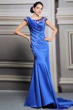 Scoop Blue Satin Zipper Prom Dresses Sleeveless Court Train Beading