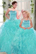  Turquoise Ball Gowns Sweetheart Sleeveless Organza Floor Length Lace Up Beading and Ruffles Sweet 16 Dress