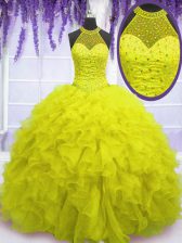Dramatic Yellow Organza Lace Up Sweet 16 Dress Sleeveless Floor Length Beading and Ruffles