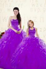 Classical Beading and Ruffles 15 Quinceanera Dress Eggplant Purple Lace Up Sleeveless Floor Length