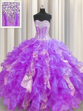 Custom Fit Visible Boning Lavender Organza and Sequined Lace Up Quinceanera Gowns Sleeveless Floor Length Beading and Ruffles and Sequins