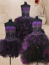 Fabulous Four Piece Ball Gowns Quinceanera Gowns Black and Purple Strapless Organza Sleeveless Floor Length Lace Up