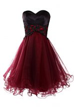  Burgundy Lace Up Prom Party Dress Appliques Sleeveless Mini Length