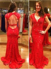 Flare Mermaid Red Cap Sleeves With Train Lace Backless Prom Party Dress