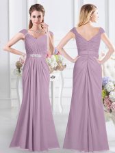 Delicate Chiffon Cap Sleeves Floor Length Quinceanera Court Dresses and Beading and Ruching