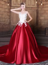 Graceful Scoop Floor Length Wine Red 15th Birthday Dress Elastic Woven Satin Sleeveless Lace and Appliques