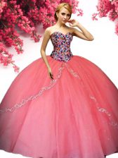  Tulle Sweetheart Sleeveless Lace Up Beading Quinceanera Dresses in Watermelon Red