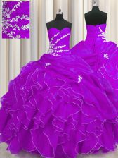 Popular Purple Sleeveless Floor Length Beading and Appliques and Ruffles Lace Up Quinceanera Dresses