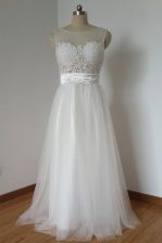 New Arrival White Tulle Zipper Scoop Sleeveless Floor Length Prom Evening Gown Lace