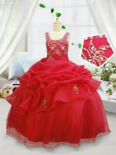 Stunning Sleeveless Organza Floor Length Lace Up Little Girls Pageant Gowns in Coral Red with Beading and Pick Ups