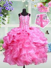 High Class Straps Rose Pink Ball Gowns Beading and Ruffles and Pick Ups Child Pageant Dress Lace Up Organza Sleeveless Floor Length