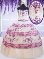  White Ball Gowns Appliques and Embroidery and Ruffled Layers 15th Birthday Dress Lace Up Organza Sleeveless Floor Length