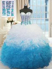 Perfect Blue And White Sleeveless Beading and Ruffles Floor Length Quinceanera Gowns