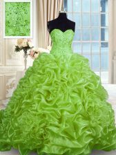 Cute Quince Ball Gowns Military Ball and Sweet 16 and Quinceanera with Beading and Pick Ups Sweetheart Sleeveless Sweep Train Lace Up