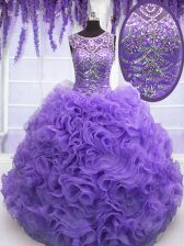  Scoop Lavender Ball Gowns Beading and Ruffles Quinceanera Gown Lace Up Organza Sleeveless Floor Length