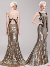 Customized Mermaid Sequined Square Sleeveless Brush Train Clasp Handle Appliques and Sequins Prom Dresses in Brown