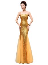 Lovely Mermaid Sleeveless Sequined Floor Length Zipper Prom Party Dress in Gold with Sequins