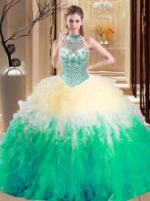  Ball Gowns Quinceanera Gown Multi-color Halter Top Tulle Sleeveless Floor Length Lace Up