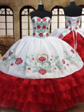  Ruffled Floor Length Ball Gowns Sleeveless White and Red Quinceanera Dresses Lace Up