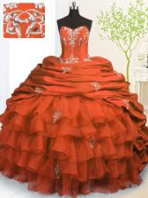 Perfect With Train Orange Red Quince Ball Gowns Organza and Taffeta Brush Train Sleeveless Beading and Appliques and Ruffled Layers and Pick Ups