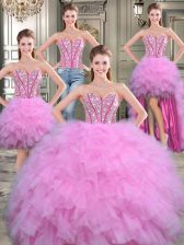  Four Piece Lilac Quinceanera Gown Military Ball and Sweet 16 and Quinceanera with Beading Sweetheart Sleeveless Lace Up
