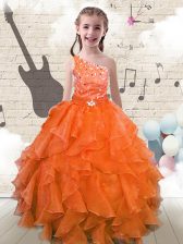 Trendy Ball Gowns Girls Pageant Dresses Orange Red One Shoulder Organza Sleeveless Floor Length Lace Up