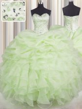 High End Organza Sweetheart Sleeveless Lace Up Beading and Ruffles Ball Gown Prom Dress in Yellow Green
