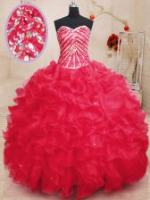 Custom Fit Sweetheart Sleeveless Sweet 16 Quinceanera Dress Floor Length Beading and Ruffles and Sequins Coral Red Organza
