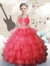  Coral Red Organza Lace Up Halter Top Sleeveless Floor Length Kids Formal Wear Ruffled Layers