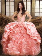 Nice Off the Shoulder Pink Sleeveless Floor Length Beading and Ruffles and Pick Ups Lace Up Sweet 16 Dress