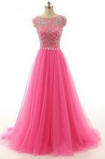 Luxurious Short Sleeves Lace Floor Length Zipper Dress for Prom in Hot Pink with Beading