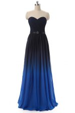 Blue And Black Empire Sweetheart Sleeveless Chiffon Floor Length Lace Up Ruching and Belt Prom Gown