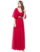  Half Sleeves Floor Length Beading Zipper Prom Dress with Coral Red