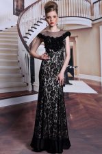 Simple Scoop Black Cap Sleeves Beading and Lace and Hand Made Flower Floor Length Dress for Prom
