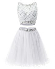 Fantastic Sleeveless Organza Mini Length Side Zipper Prom Dresses in White with Beading and Belt
