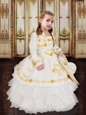 Trendy Organza and Taffeta Spaghetti Straps Sleeveless Lace Up Embroidery and Ruffled Layers Little Girls Pageant Dress in White