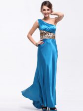  Baby Blue Column/Sheath Elastic Woven Satin One Shoulder Sleeveless Ruching Floor Length Side Zipper Dress for Prom