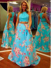High End Blue A-line Halter Top Sleeveless Satin Floor Length Zipper Beading and Appliques and Pattern Dress for Prom