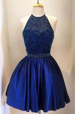 Custom Design Royal Blue Backless Prom Dresses Beading Sleeveless Knee Length