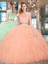 Luxury Peach 15th Birthday Dress Military Ball and Sweet 16 and Quinceanera with Beading and Ruffles Scoop Cap Sleeves Zipper