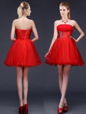 High Quality Red A-line Strapless Sleeveless Organza Mini Length Lace Up Beading and Ruching and Belt Quinceanera Court of Honor Dress