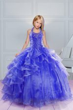  Ball Gowns Little Girls Pageant Dress Blue Halter Top Organza Sleeveless Floor Length Lace Up