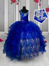  Sleeveless Floor Length Appliques Lace Up Little Girl Pageant Dress with Blue