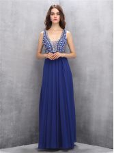High Quality Royal Blue Chiffon Zipper Prom Dress Sleeveless Floor Length Beading