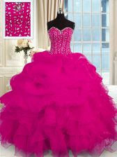 Ideal Sweetheart Sleeveless Sweet 16 Dress Floor Length Beading and Ruffles Fuchsia Organza