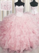  Visible Boning Scalloped Sleeveless Lace Up 15th Birthday Dress Baby Pink Organza