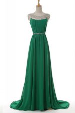 High Class Scoop Green Sleeveless Elastic Woven Satin Sweep Train Side Zipper Prom Party Dress for Prom and Party
