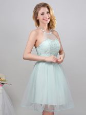 Hot Sale Halter Top Mini Length Lace Up Quinceanera Court Dresses Apple Green for Prom and Party and Wedding Party with Lace and Appliques and Belt