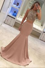 Super Mermaid Scoop With Train Zipper Homecoming Dress Peach for Prom with Beading Sweep Train